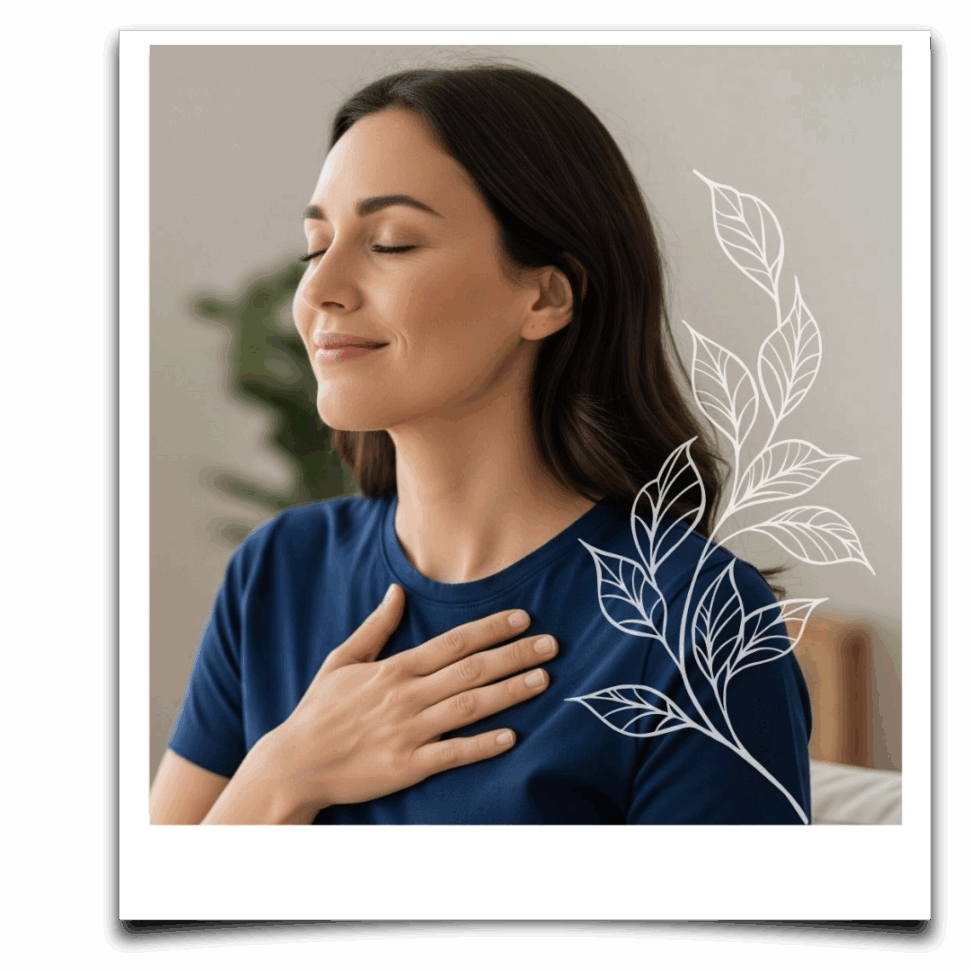Mladá žena s tmavými vlasy v modrém tričku sedí s rukou na hrudi, oči má zavřené a soustředí se na svůj dech – symbol vědomého zklidnění.