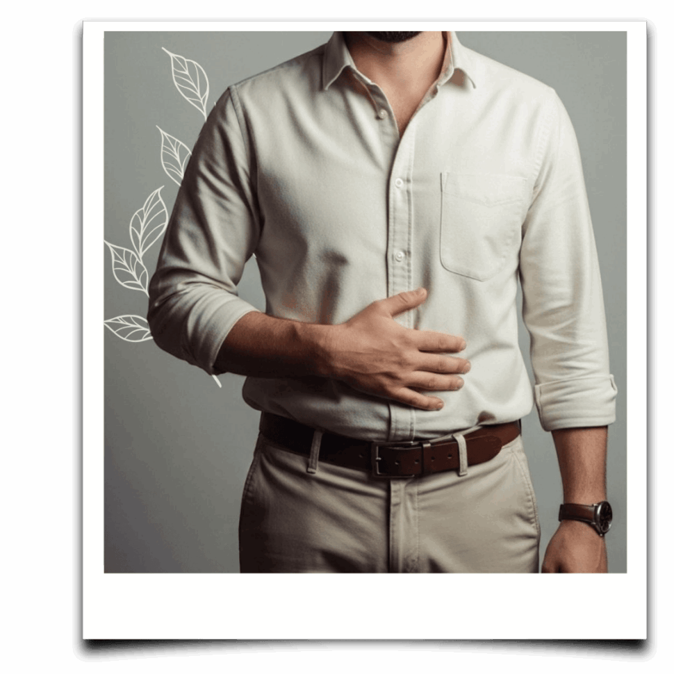 Muž v béžové košili drží ruku na břiše jako symbol vnitřního napětí a trávících potíží ve spojení s dechem.