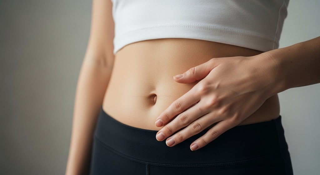 Žena v bílém tílku si drží ruku na břichu jako náznak propojení dechu a hormonální rovnováhy.