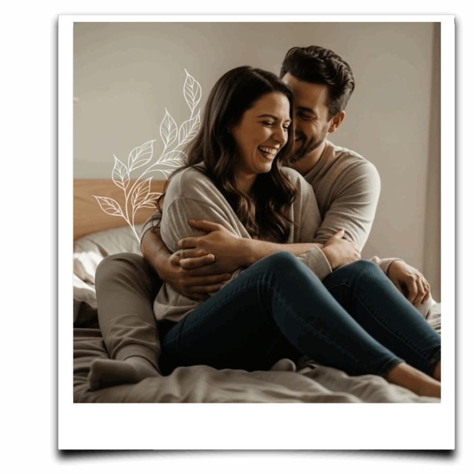 Smějící se pár v objetí na posteli, vyzařující intimitu, bezpečí a blízkost – symbol propojení skrze dech a vědomý kontakt.