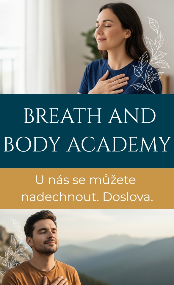 Muž a žena s rukou na hrudi v hlubokém nádechu, symbol vědomého dechu a vnitřního klidu v projektu Breath and Body Academy.